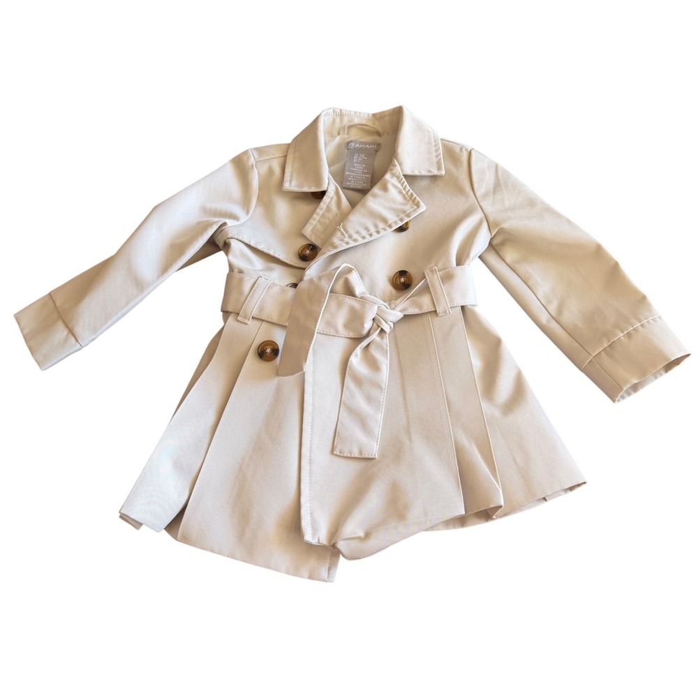 Tahari Girls Beige Double Breasted Pleated Trench Coat With Belt Size 12M